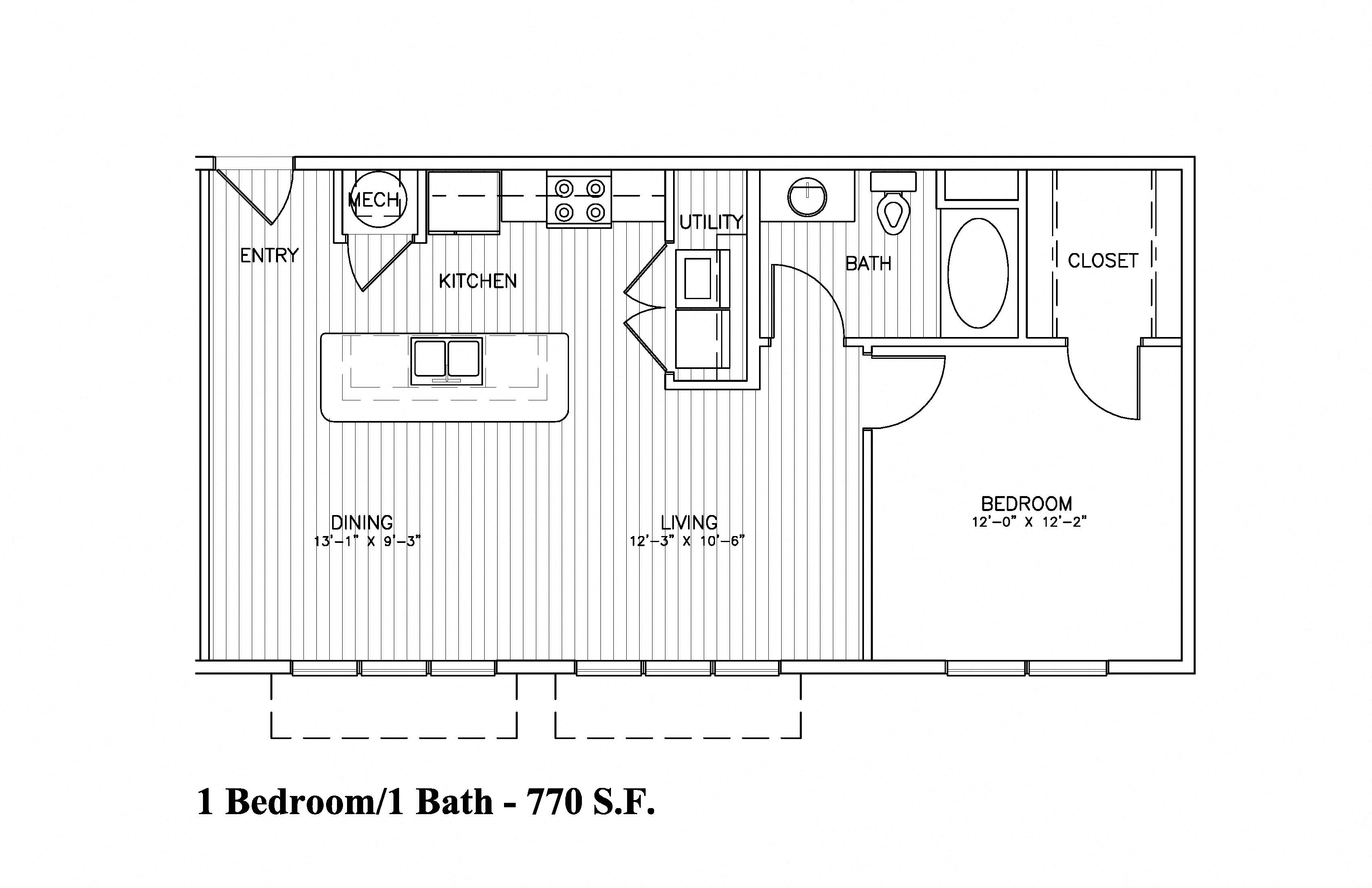 Floor plan for 1 bed, 1 bath, 770 sqft